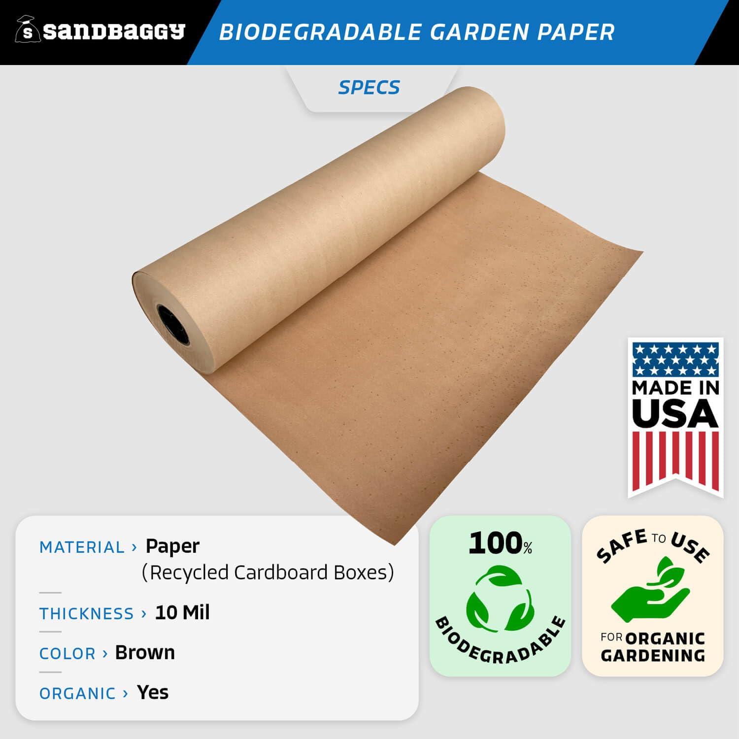 Sandbaggy Biodegradable Landscape Fabric - Garden Paper for Weeds - Paper Mulch Rolls - Made in America (2 ft x 475 ft, 1)-VerdiqueGarden