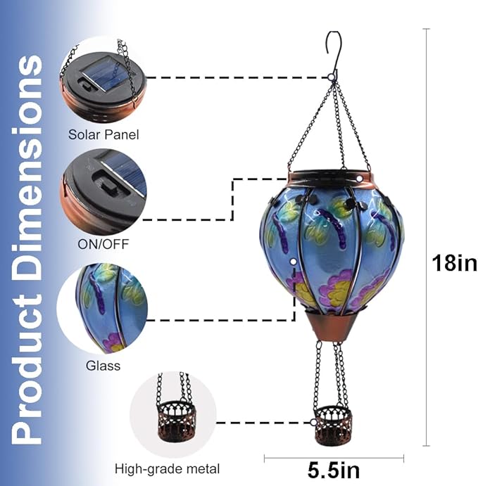 Hot Air Balloon Solar Lantern with Flickering Flame, Glass Hanging Garden Lights Outdoor Waterproof for Tree Yard Patio Mother's Day Gift, 18" H Dragonfly-VerdiqueGarden