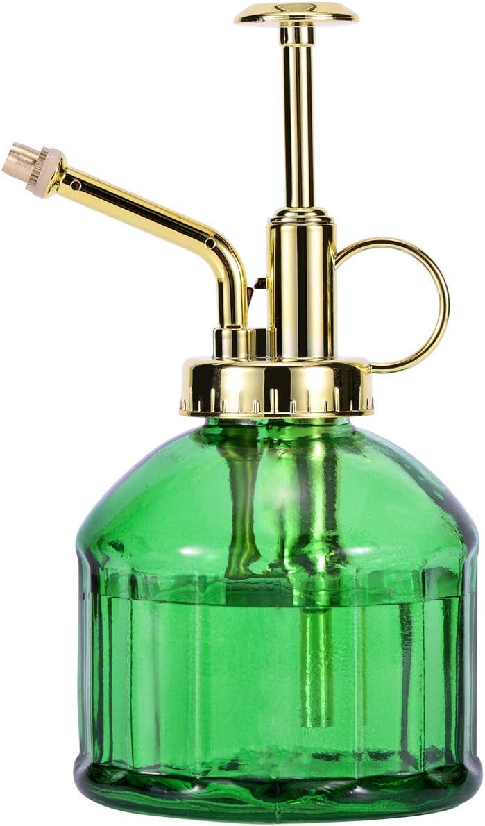 Glass Plant Mister Spray Bottle, 6.5" Green Glass Water Spray Bottle with Gold Top Pump Small Watering Can, Small Plant Sprayer Mister for Indoor Outdoor House Plant, Green+Gold (Green+Gold B)-VerdiqueGarden