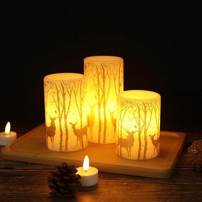 Gold Deer Flameless Candles with 6H Timer, Set of 3 Real Wax LED Flickering Candles, Christmas Pillar Candles with Gold Elk Decor for Home Party Decorations(H6 x D3)-VerdiqueGarden