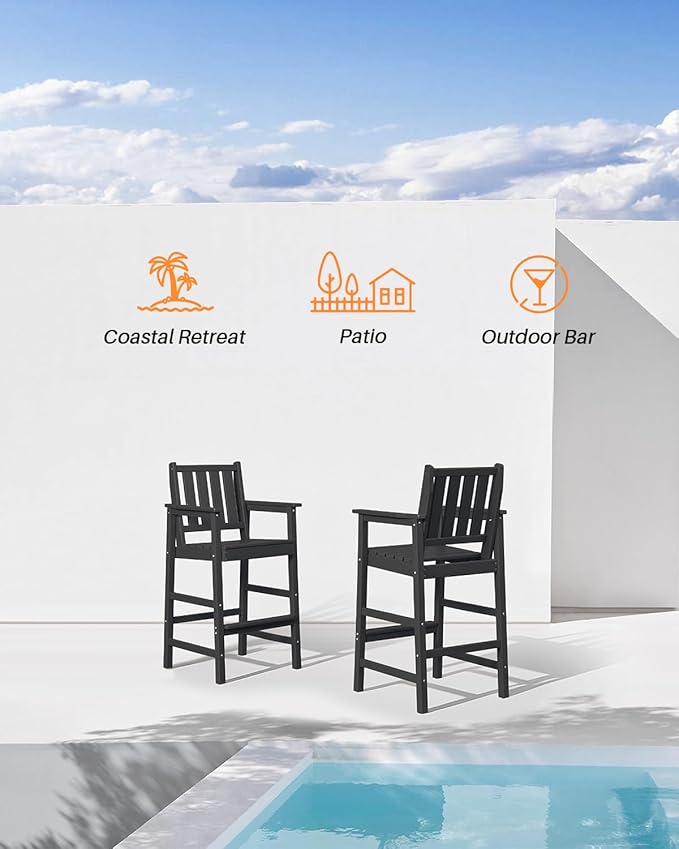 5-Piece HDPE Patio Bar Set, Rectangular Bar Height Table and 4 Adirondack Bar Chairs, All Weather Outdoor Bar Stools Set, Outdoor Bar Table and Chairs Set for Balcony, Pool, Porch, Obsidian-VerdiqueGarden