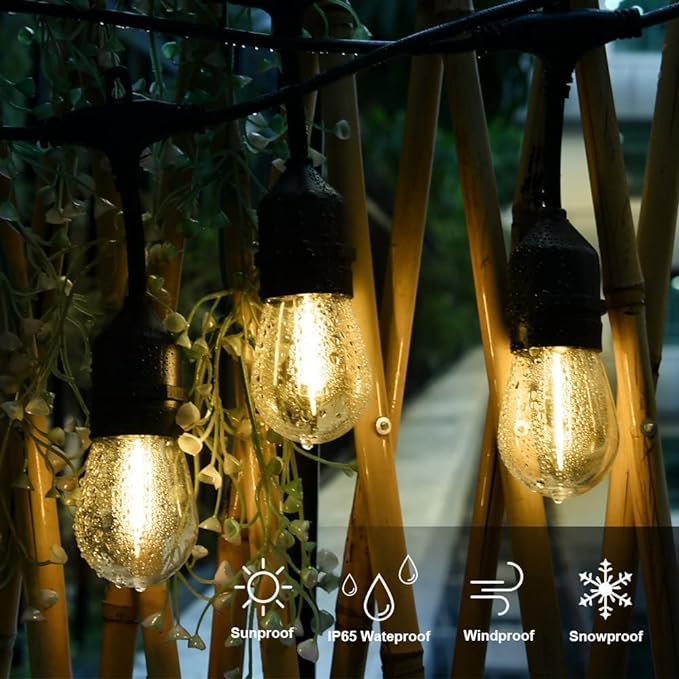 Outdoor String Lights LED 100FT Commercial Grade Heavy Duty Light String Lights with 30 Sockets 32 Shatterproof Plastic Bulbs Include 2 Spare S14 Dimmable Edison Bulbs Patio Market Cafe Light-VerdiqueGarden