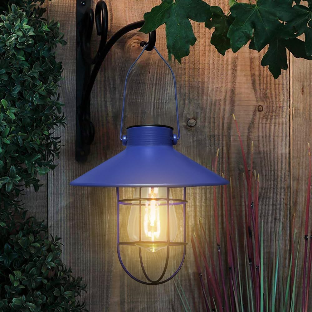 pearlstar Solar Lantern Outdoor Hanging Light Metal Farmhouse Solar Lamp with Warm White Edison Bulb Design for Garden Yard Patio Proch Decor(Blue)-VerdiqueGarden