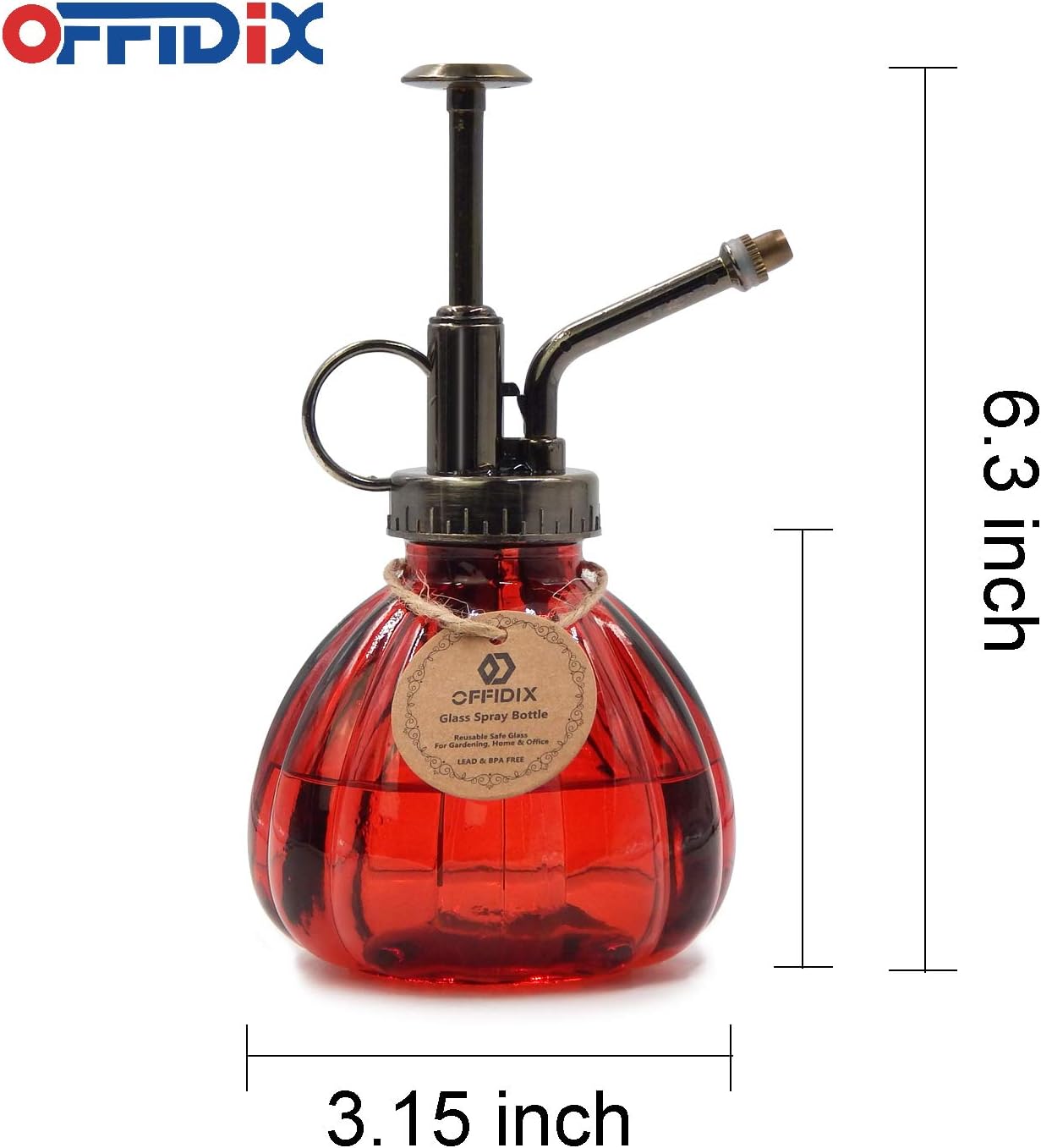 OFFIDIX Plant Glass Spray Bottle,Flower Mister Indoor Plant Watering Can Pot 6.3" Tall Vintage Pumpkin Style with Bronze Plastic Top Pump One Hand Small Watering Cans for House Plants(Red)-VerdiqueGarden
