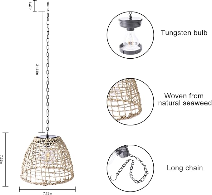 Vintage Rattan Basket Shade Solar Lantern Hanging Lighting Country Style Pendant Light Patio Garden Farmhouse Decoration Rustic Handmade Rattan Pendant Lamps.-VerdiqueGarden