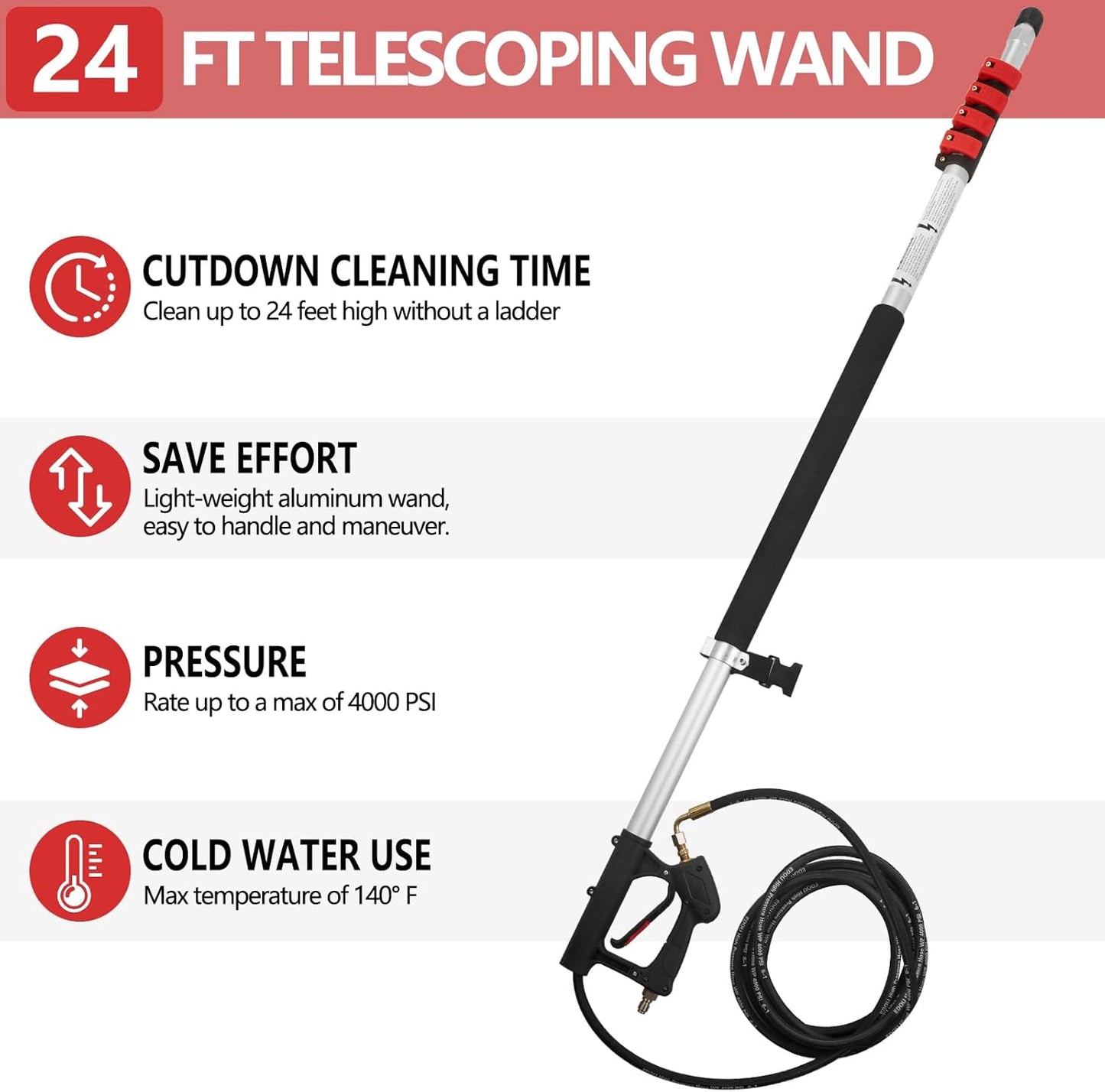 Tecoloy 24 FT Telescoping Pressure Washer Wand with Power Washer Extension Wand, Support Belt, Gutter Cleaner Attachment, 5 Spray Nozzle Tips and 2 Hose Inlet Adapters-VerdiqueGarden