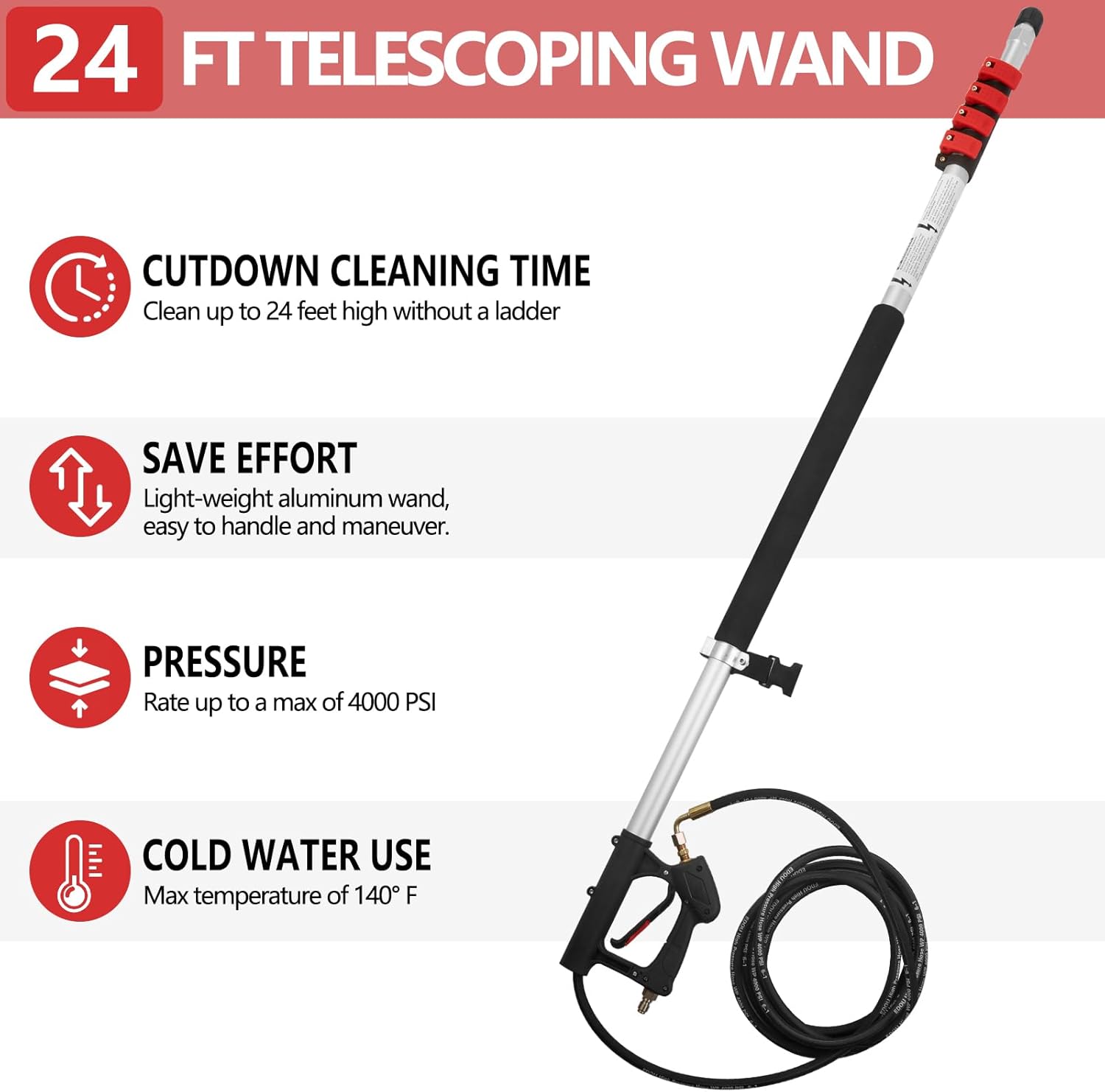 Tecoloy 24 FT Telescoping Pressure Washer Wand with Power Washer Extension Wand, Support Belt, Gutter Cleaner Attachment, 5 Spray Nozzle Tips and 2 Hose Inlet Adapters-VerdiqueGarden