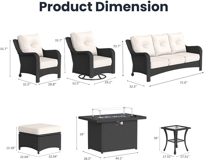 10 Pieces Outdoor Patio Furniture Sets with Rocking Swivel Chairs with 6-inch Thick Cushion and Fire Pit Table for Deck Lawn-VerdiqueGarden