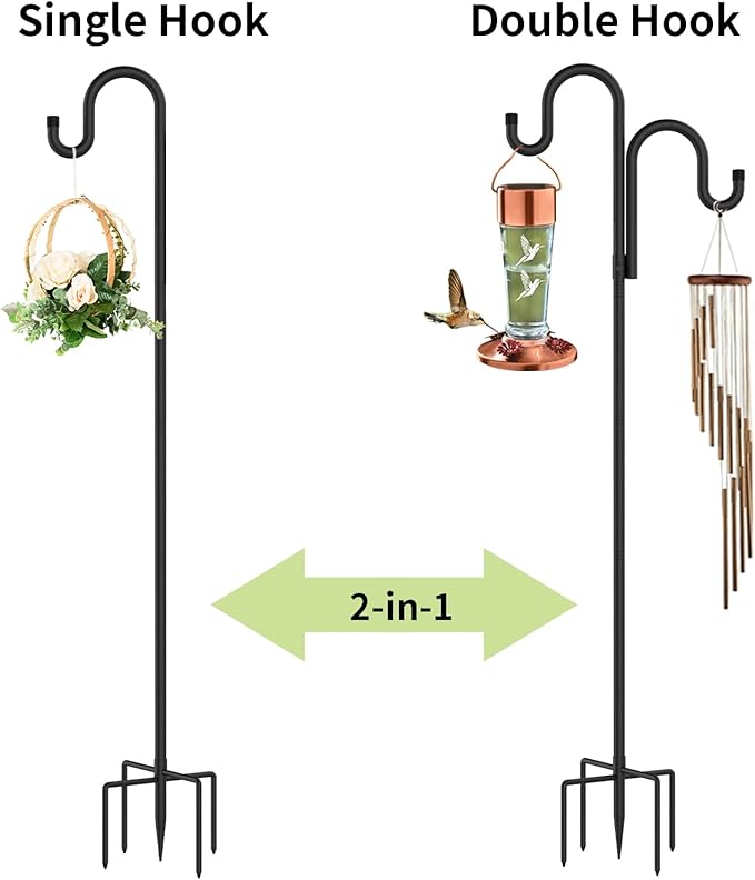 Double Shepherds Hooks for Outdoor, Bird Feeder Pole with 5 Prongs Base, Heavy Duty Garden Hook for Lantern, Wind Chime and Hummingbird Feeder, 76 Inch, 2 Pack-VerdiqueGarden