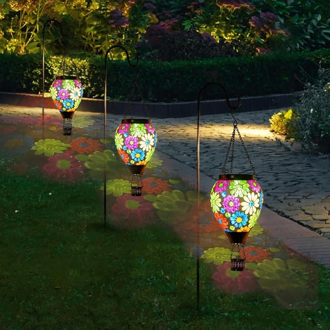 Starsoul Mosaic Flowers Hot Air Balloon Solar Lantern Glass Outdoor Hanging Hot Air Balloon Solar Flickering Flame Light Waterproof Garden Patio Yard Party Decorations-VerdiqueGarden