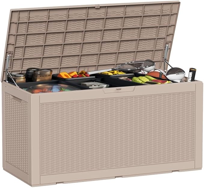 DRATO 100 Gallon Large Deck Box, Outdoor Storage Box for Patio Furniture, Patio Cushions, Gardening Tools, Pool Supplies,660lbs Weight Capacity,Waterproof Resin Storage Boxes-VerdiqueGarden