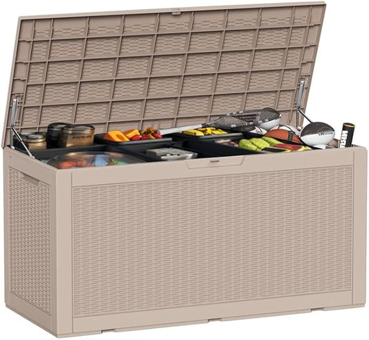 DRATO 100 Gallon Large Deck Box, Outdoor Storage Box for Patio Furniture, Patio Cushions, Gardening Tools, Pool Supplies,660lbs Weight Capacity,Waterproof Resin Storage Boxes-VerdiqueGarden