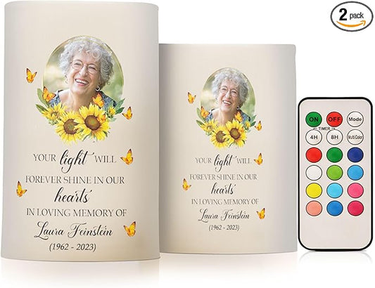 Vdsrup Flameless Candles Set of 2 Memorial Custom LED Candles with Timer Battery Operated Sunflower Candle Lights Flickering with Remote for Home Bedroom Decor-VerdiqueGarden