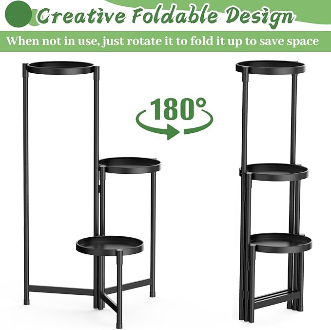 MOKANI Metal Plant Stand Indoor Outdoor for Multiple Plants, 3 Tiered Folding Corner Shelf Tall Flower Pot Holder Display Rack for Patio Living Room Balcony Garden, Black-VerdiqueGarden