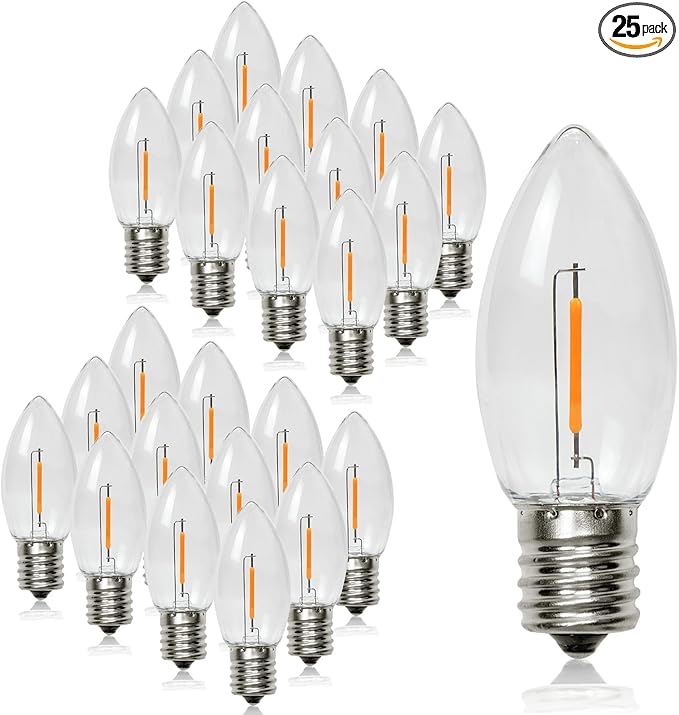 Waterproof C9 Replacement LED Light Bulbs –0.6W Equivalent to 7W, White Warm 2200K Outdoor String Lights E17 Base LED Light Bulbs, Clear Plastic, 25Pack-VerdiqueGarden