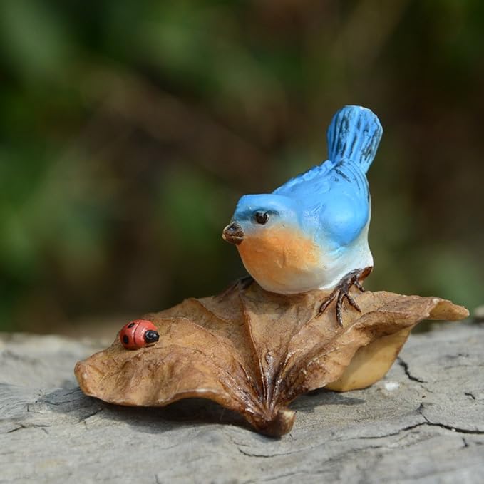 Top Collection Miniature Fairy Garden and Terrarium Statue, Bluebird on Leaf with Ladybug-VerdiqueGarden