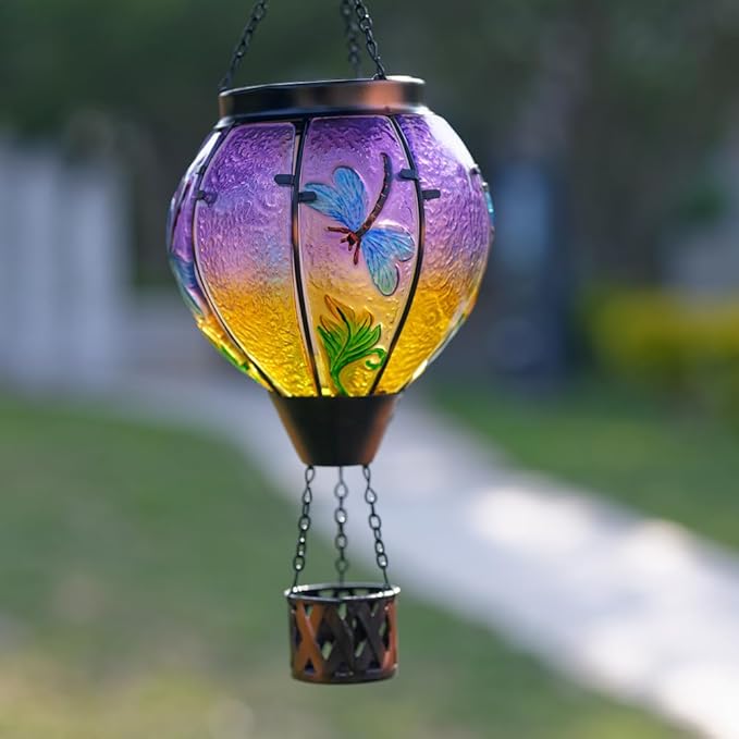 Starsoul Dragonfly Hot Air Balloon Solar Lantern Outdoor Glass Hanging Hot Air Balloon Lantern with Flame Light Waterproof for Patio Pathway Yard Porch Backyard Decor-VerdiqueGarden