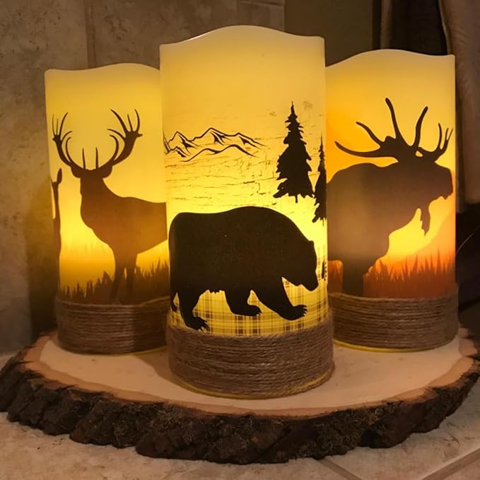 Flickering Flameless Candles with 6H Timer, LED Warm Light Pillar Candles Battery Operated Real Wax with Hemp Rope, Deer, Moose, Bear, Home Table Decoration for Wedding Party-VerdiqueGarden