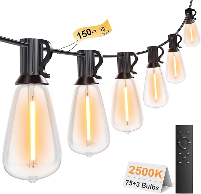150FT Outdoor String Lights with Remote, Garden Patio Decor with 2500K Warm White, 75+3 LED Edison Bulbs, Support Timer Dimmable Waterproof Shatterproof for Yard Outside Porch Deck Backyard-VerdiqueGarden