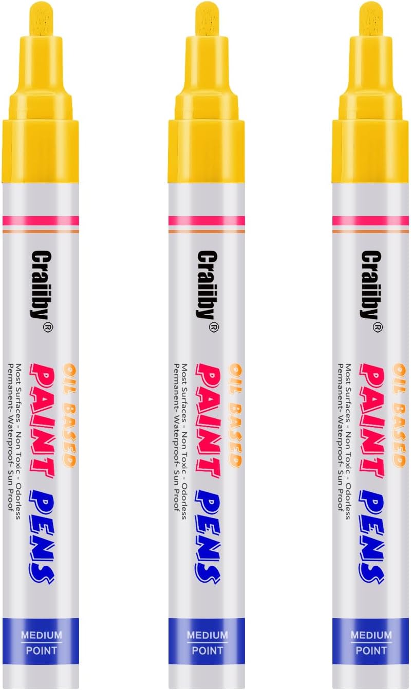 Yellow Paint Markers, 3 Pack Oil-Based Waterproof Quick Dry Permanent Paint Pen Set for Rocks Painting, Wood, Fabric, Plastic, Canvas, Glass, Mugs, Metal, Tire, Stone, DIY Craft-VerdiqueGarden