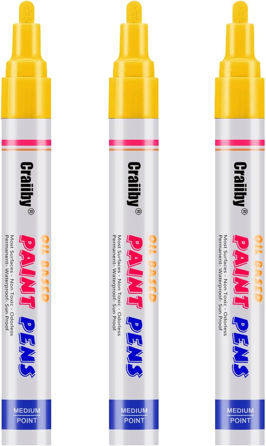 Yellow Paint Markers, 3 Pack Oil-Based Waterproof Quick Dry Permanent Paint Pen Set for Rocks Painting, Wood, Fabric, Plastic, Canvas, Glass, Mugs, Metal, Tire, Stone, DIY Craft-VerdiqueGarden