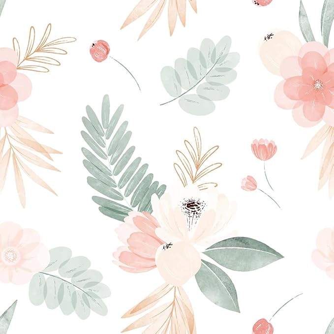 Neutral Green Leaves Pink Poppy Floral Peel and Stick Wallpaper Self Adhesive Removable Easy Peel Off Stick on Wall Paper for Bedroom Cabinet Renter-VerdiqueGarden