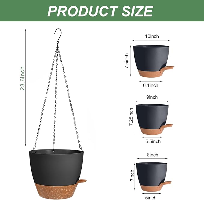 10/9/8 Inch Hanging Planter for Indoor Outdoor Plants, 3 Pack Self-Watering Hanging Pot with Drainage Holes Hanging Planter Baskets Plant Pots with Removable Tray (Black+Brown)-VerdiqueGarden