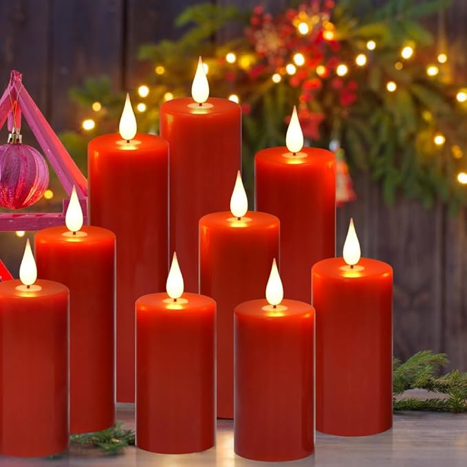 Flameless Flickering Battery Operated Candles 9PACK Real Wax Pillar LED Candles with 10-Key Remote Control and 24 Hours Timer for Wedding, Party, Home Decoration (Red)-VerdiqueGarden