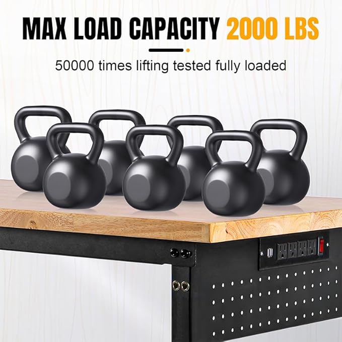 48" L×24”W Adjustable Workbench, 28”-40”Heights Heavy Duty Table 2000 LBS Load Capacity, Work Bench with Power Outlet & Pegboard, Rubber Wood Work Table for Garage, Office, Workshop, Home-VerdiqueGarden