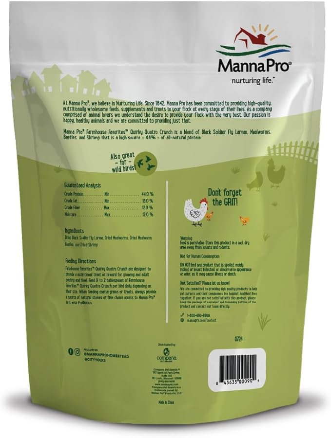 Manna Pro Farmhouse Favorites Quirky Quatro Crunch – 100% Natural Protein Treat for Mixed Flocks – Blend of Black Solider Fly Larvae, Mealworms, Beetles & Shrimp – 2lb-VerdiqueGarden