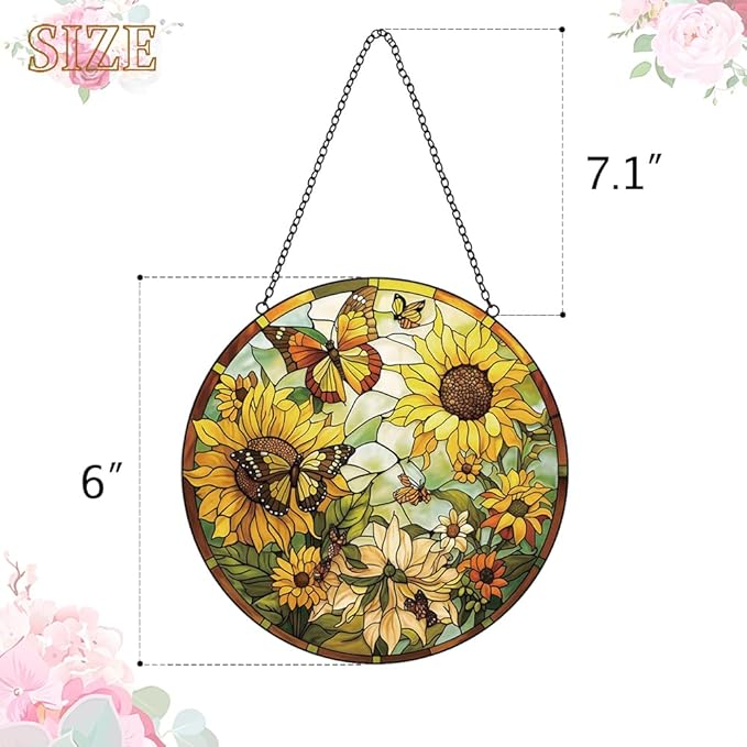 Sunflower Decor Suncatcher Stained Glass Window Hanging - Butterfly Stained Glass Suncatchers for Windows - Sun Catchers Indoor Window with Chain and Hook - Sunflower Gifts for Women Mom Teacher Gift-VerdiqueGarden