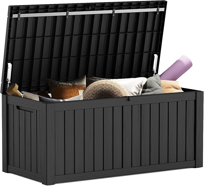 Mars Villa 119 Gallon Outdoor Storage Box Waterproof, Large Resin Deck Box for Pool Supplies Storage, Outdoor Patio Furniture Cushions, with Hydraulic Hinge, UV-Resistant and Weatherproof, Black-VerdiqueGarden
