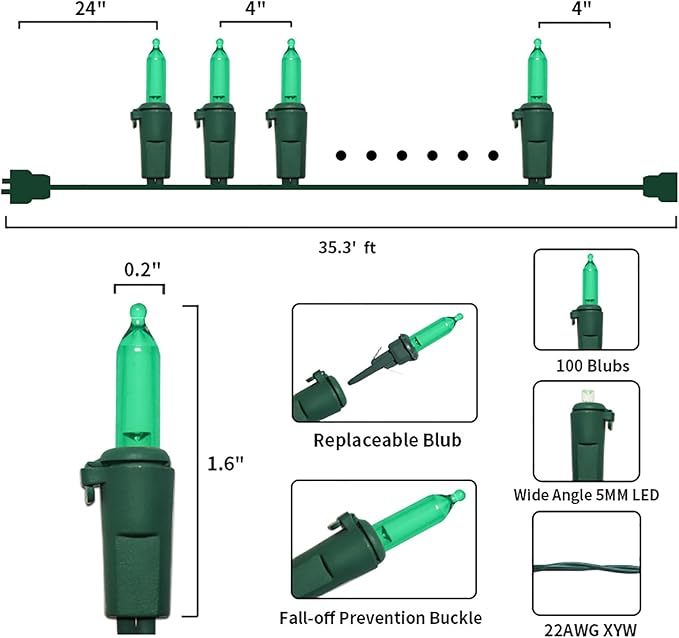 Green LED Christmas Lights - 100 Count Green Christmas String Lights for Tree, Party, Holiday, Indoor and Outdoor St. Patrick's Day Decorations, 33 Feet Green Wire, UL Certified, Connectable-VerdiqueGarden