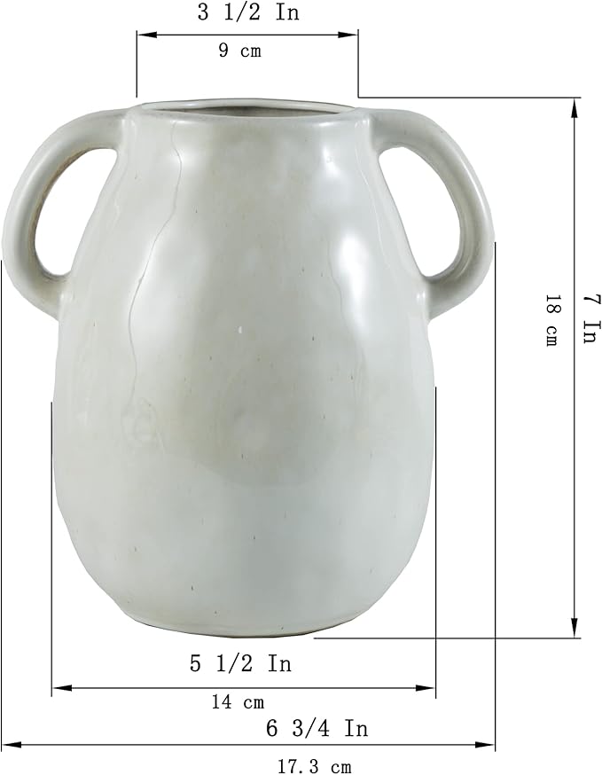 White Ceramic Vase with 2 Handles, Modern Farmhouse Decor, Rustic Terracotta Pottery, Decorative Flower Vases, Clay Small Vase, Centerpiece for Dining Table - 7 Inch Tall-VerdiqueGarden
