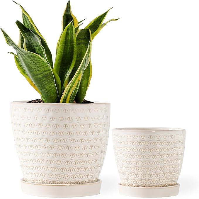 Plant Pots, Flower Pots, Planters for Indoor Plants(6.5+5.5inch), Flower Pots for Indoor Plants with Drainage Hole and Saucer, Ceramic Pots for Plants with Hole Mesh Pad,Reactive Glaze White-VerdiqueGarden