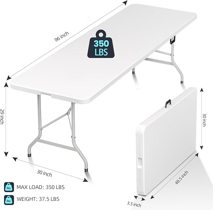 HLPB Folding Table Picnic Table, 8 ft Portable Camping Table with Handle and Safety Locks, Foldable Table Plastic Dining Table Indoor Outdoor for Camping, Picnic and Party-VerdiqueGarden