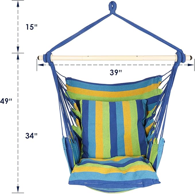 Highwild Hammock Chair Hanging Rope Swing - Max 500 Lbs - 2 Cushions Included - Steel Spreader Bar with Anti-Slip Rings - for Any Indoor or Outdoor Spaces (Blue Striped)-VerdiqueGarden