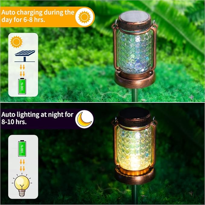 Outdoor Garden Decor, 2 Pack Solar Lantern Waterproof Warmwhite Mason Jar Hanging Lights, Porch Decorative for Garden Yard Patio Backyard Deck Courtyard Lawn-VerdiqueGarden