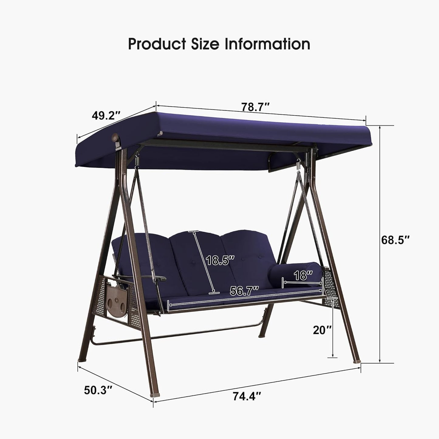 PURPLE LEAF 3-Seat Deluxe Outdoor Patio Porch Swing with Weather Resistant Steel Frame, Adjustable Tilt Canopy, Cushions and Pillow Included, Navy Blue-VerdiqueGarden