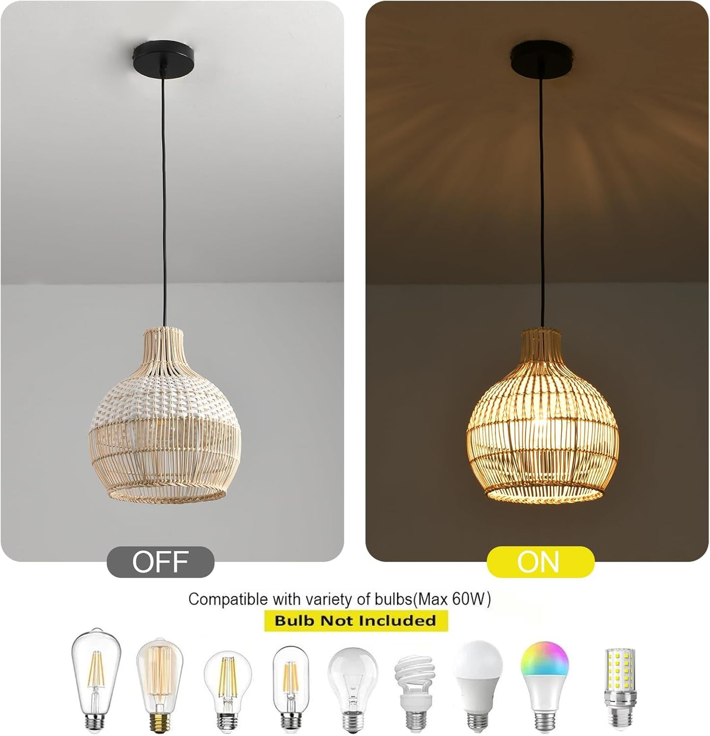 3-Pack Fax Rattan Pendant Light Fixture Mini Hand-Woven White Rattan Chandelier 10.24" Boho Wicker Hanging Lamp for Dining Living Bedroom Kitchen Farmhouse-VerdiqueGarden