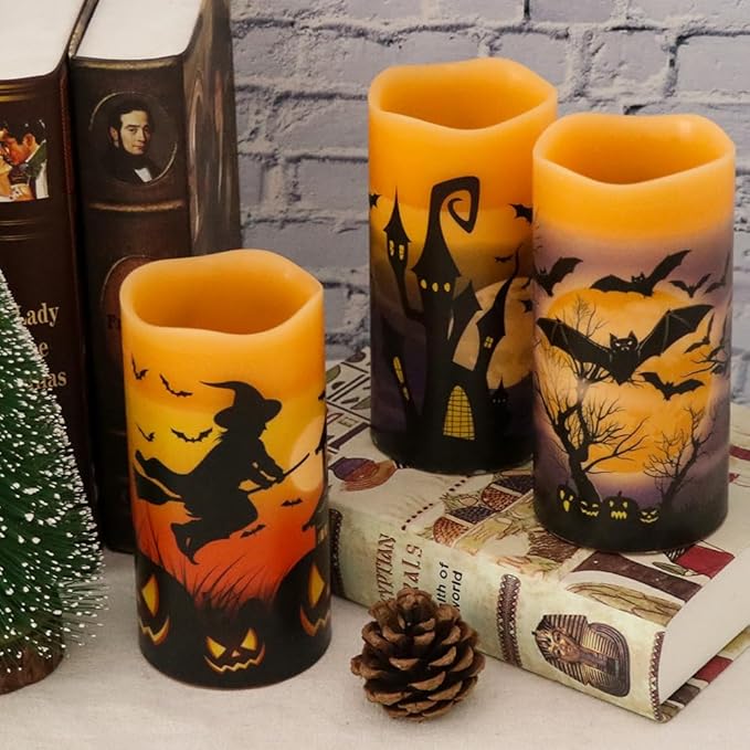 Halloween Real Wax LED Flameless Flickering Candles with 6H Timer, 3 Pcs Pillar Battery Operated Candle Sticks with Halloween Decal for Home Decor(3”x6”)-VerdiqueGarden