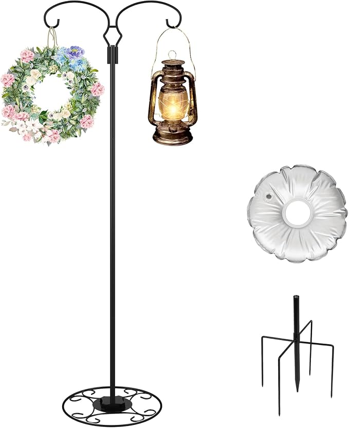 Liitrton 62.6 Inch Shepherds Hooks for Outdoor, Adjustbale Double Shepherds Hooks Hummingbird Feeder Stand Bird Feeder Pole Wind Chime Stand with Round Base, 4 Prongs Base and Water Weight Bag-VerdiqueGarden