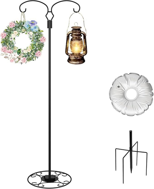 Liitrton 62.6 Inch Shepherds Hooks for Outdoor, Adjustbale Double Shepherds Hooks Hummingbird Feeder Stand Bird Feeder Pole Wind Chime Stand with Round Base, 4 Prongs Base and Water Weight Bag-VerdiqueGarden