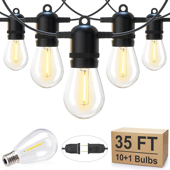 Brightown Outdoor String Lights 35FT with 10+1 Shatterproof Edison Bulbs, Waterproof Hanging Patio Lights Outside for Backyard Deck Garden Party Xmas Decor, 2700K-VerdiqueGarden