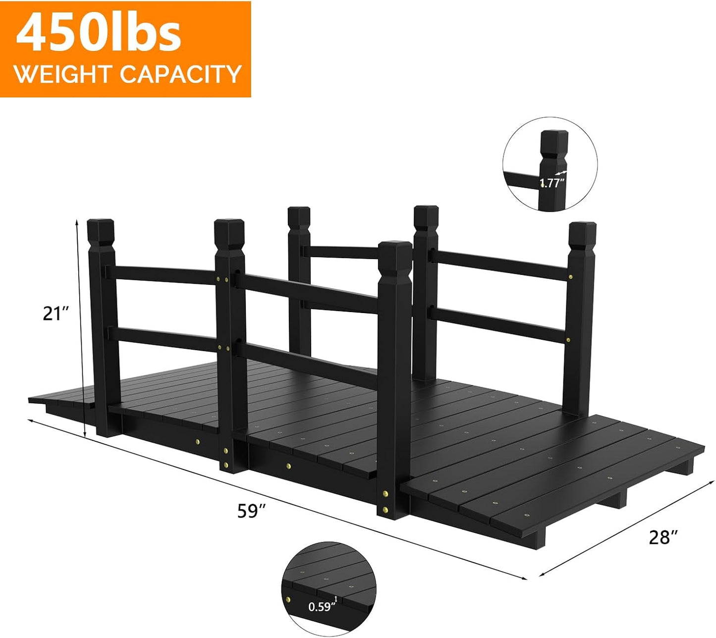 VINGLI Garden Bridge, Classic Wooden Arch with Safety Rails Footbridge (Black, 5 ft)-VerdiqueGarden