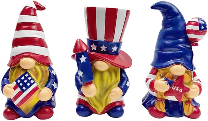 Spring & Summer-Themed Garden Statues – Adorable Outdoor Decor for Lawn, Patio & Porch (Patriotic Gnome Trio Figurines, 6" Set of Three Garden Statues and July 4th Decoration)-VerdiqueGarden