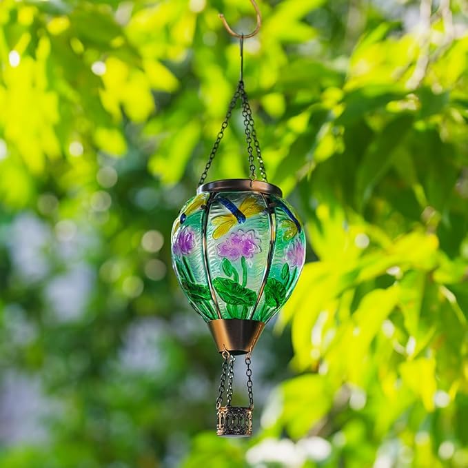 Starsoul Starsoul Dragonfly Hot Air Balloon Solar Lantern Glass Outdoor Hanging Hot Air Balloon Solar Flickering Flame Light Waterproof Garden Patio Yard Party Decorations-VerdiqueGarden