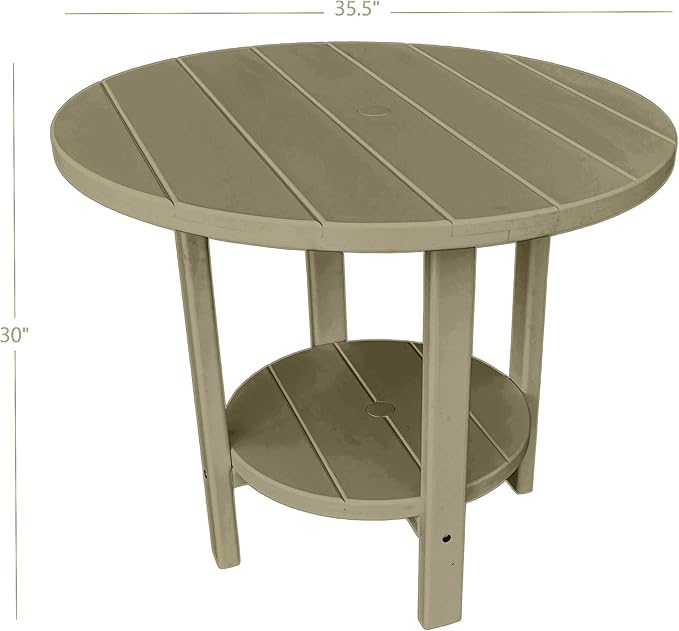 Phat Tommy Round Poly Resin Outdoor Patio Dining Table, All Weather Poly Patio Outdoor Furniture, Weatherwood-VerdiqueGarden