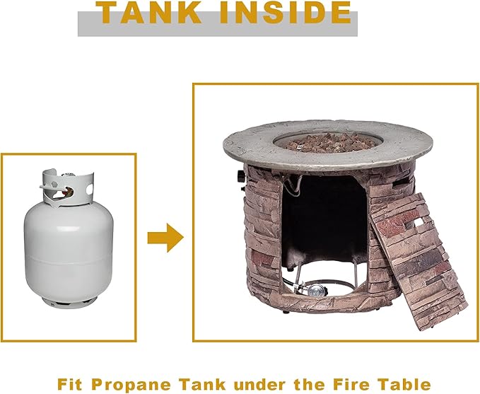 COSIEST Outdoor Propane Concrete Fire Pit Table w Imitation Stone Surface 32-inch Round Fire Table, CSA Certified, 40,000 BTU Stainless Steel Burner, Free Lava Rocks, Fits 20lb Tank Inside-VerdiqueGarden