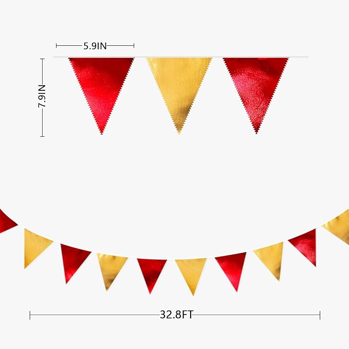 Red Gold Party Decorations Metallic Fabric Triangle Pennant Banner Flag Bunting Garland for Graduation Birthday Wedding Bachelorette Anniversary Baby Shower Christmas Holiday New Year Party Supplies-VerdiqueGarden